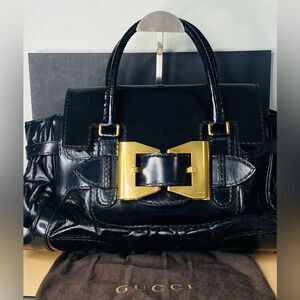 Gucci Black Patent Leather Bag with Gold Bow Buckle w Cert of Authenticity